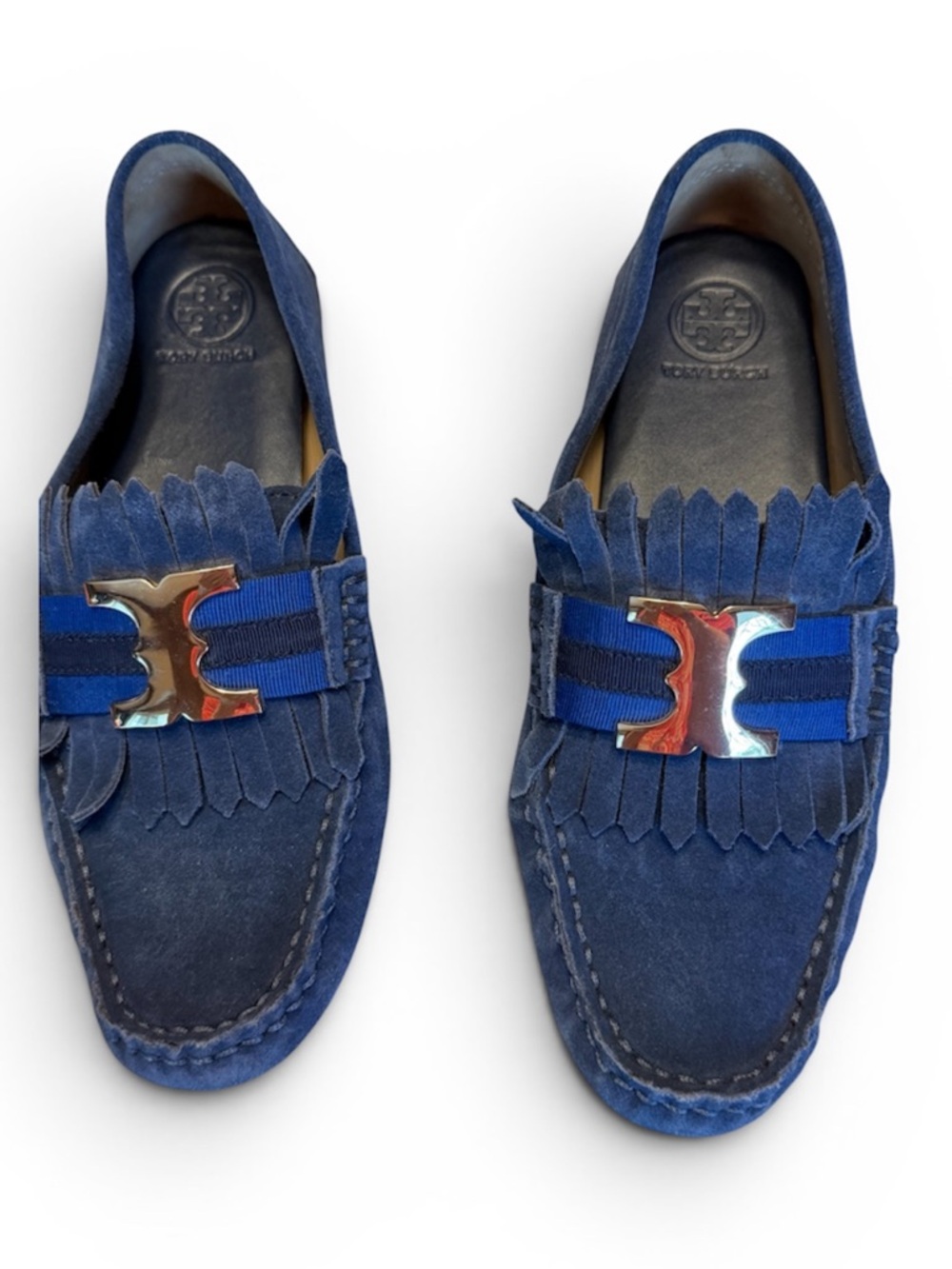 Tory Burch Navy Suede Fringe Loafers with Metallic Logo